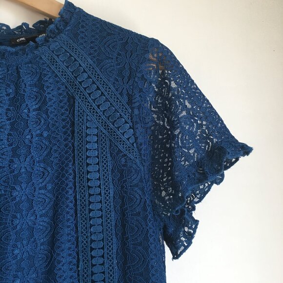 Cable & Gauge Peacock Blue Lacy Short Sleeve Lolita Mock Neck Top - Picture 3 of 16